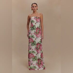 Meshki Strapless Floral Dress in Pink and Green
